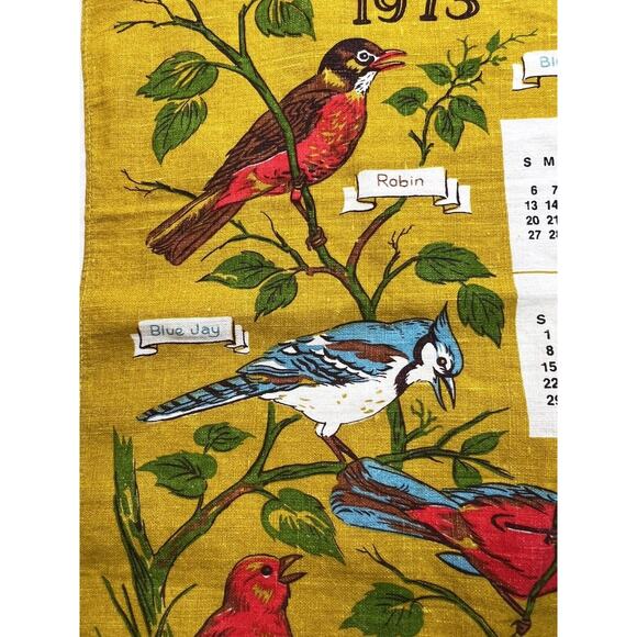 1973 Calendar Tea Towel Birds Linen Vintage Kitchen Decor Wall Hanging Textile - Picture 5 of 6